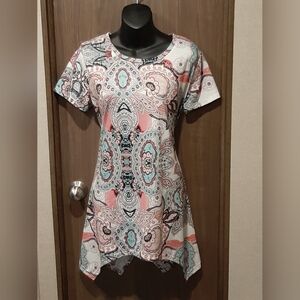 MIROL Womens Summer Short Sleeve Floral Print Irregular Hem Loose Fit Tunic Tops